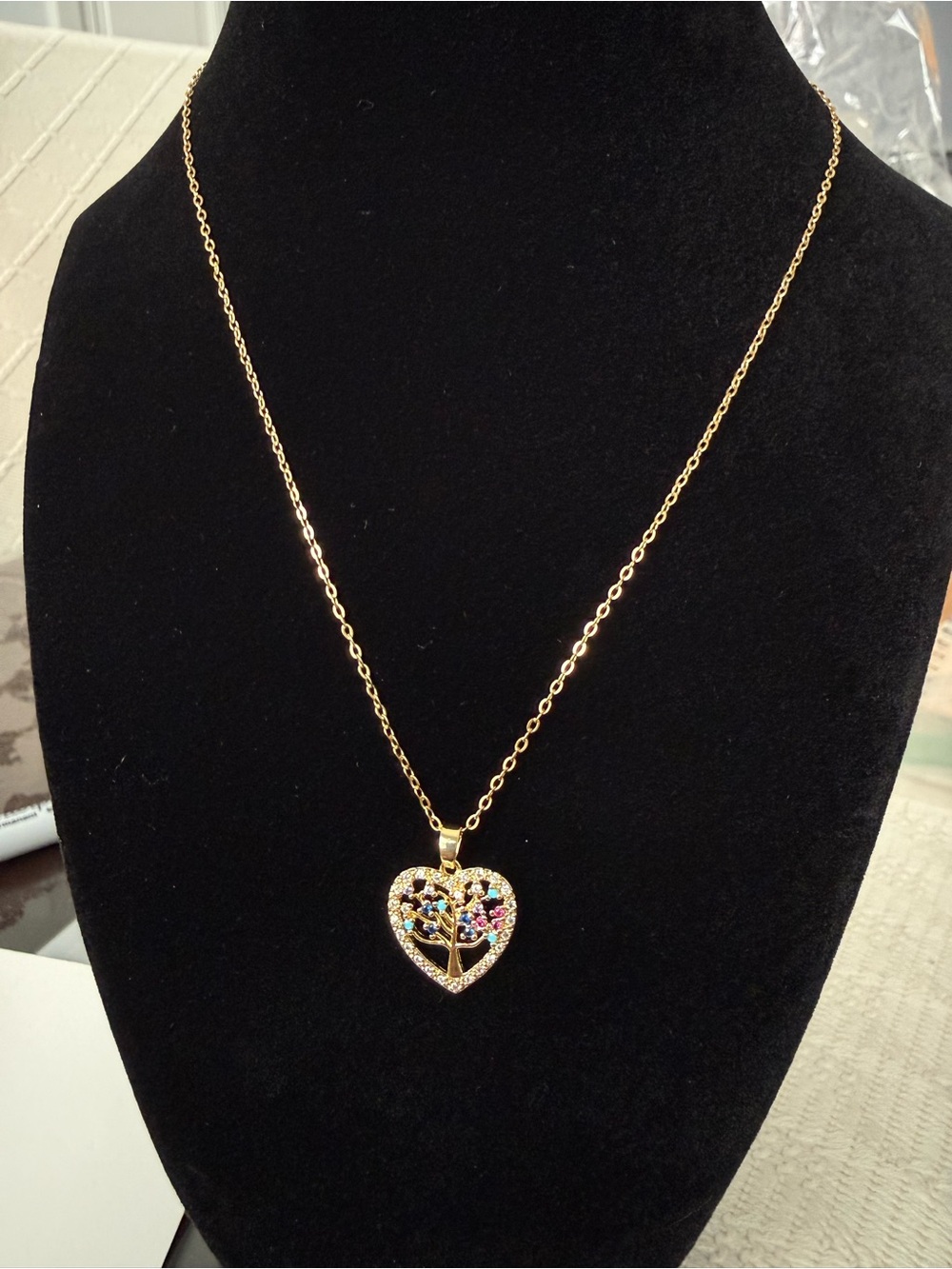 Gold plated stainless steel Heart Tree of Life Pendant with Multicolor Stones